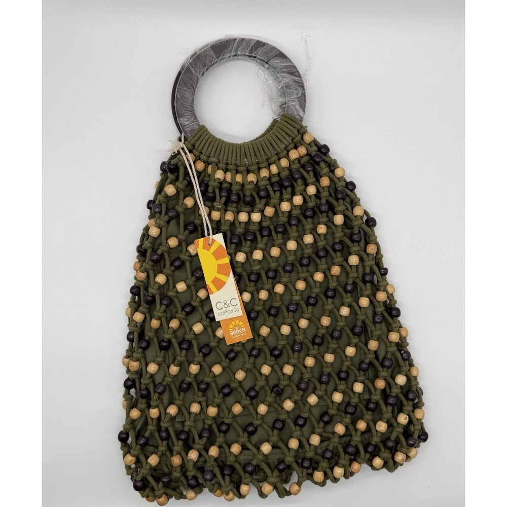 C & C California Purse Macrame Olive Green  Beaded Wood Handbag New!